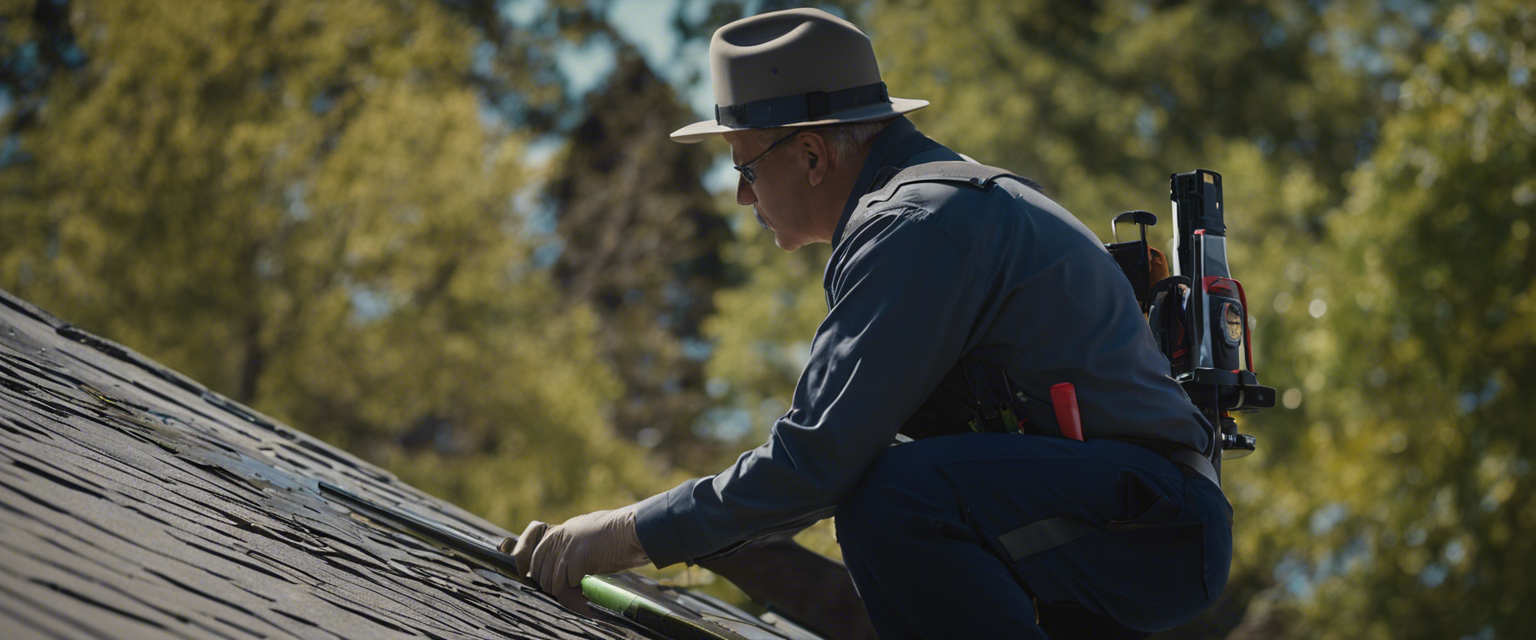 An image showcasing a professional inspector meticulously examining a Tulsa home's roof, using tools like a magnifying glass and a measuring tape, emphasizing the essential role of roof inspections in safeguarding the overall structural integrity