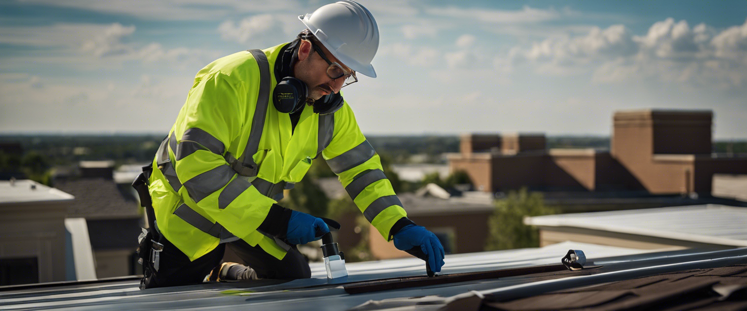 An image showcasing a skilled roof inspector clad in protective gear, meticulously examining a sturdy rooftop in Tulsa