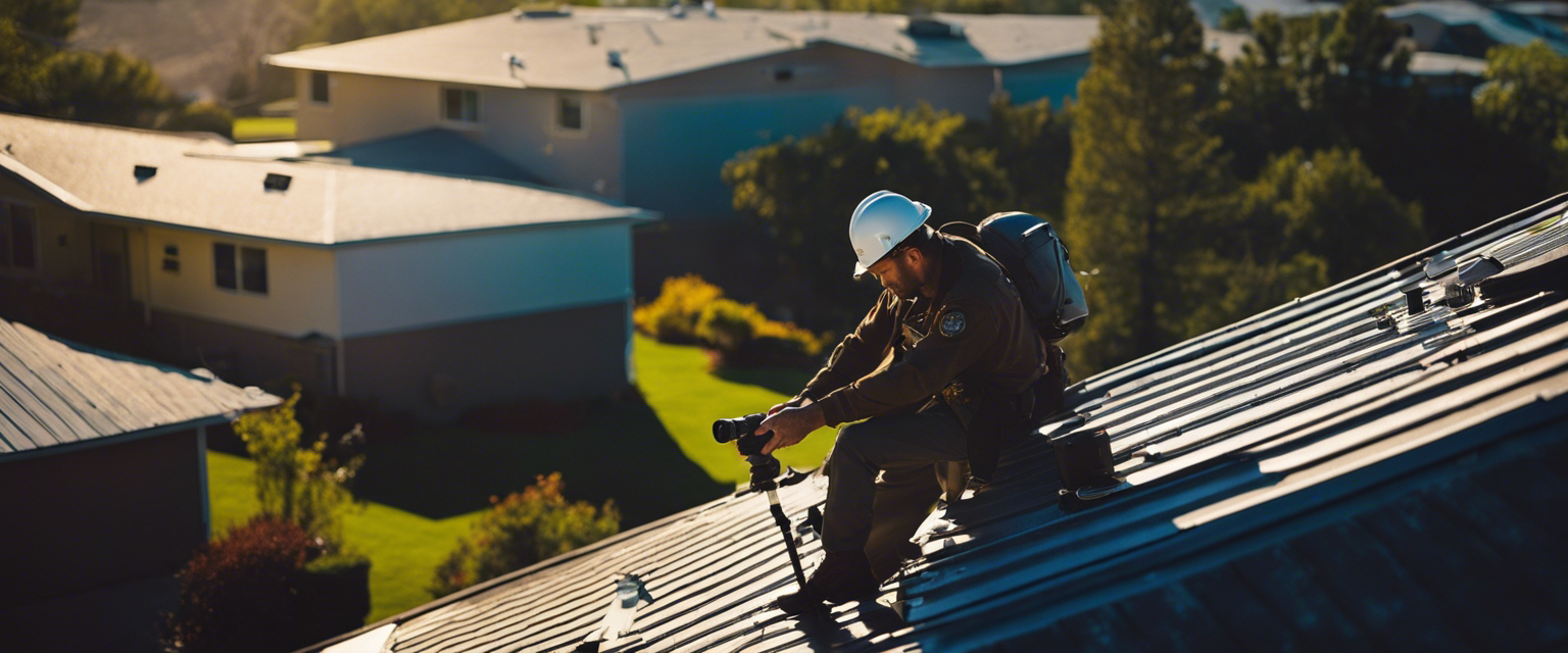  Capture an overhead view of a professional roof inspector meticulously examining a Tulsa roof, armed with a flashlight, moisture meter, and binoculars, searching for hidden signs of mold and mildew growth