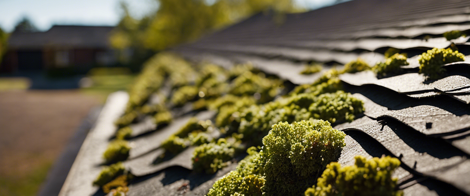 An image showcasing a close-up of a weathered Tulsa roof, revealing curling shingles, moss growth, and visible cracks
