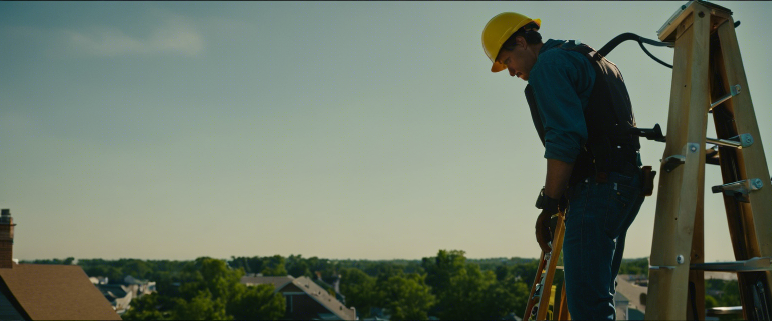 An image depicting a professional roofer on a ladder, meticulously inspecting a rooftop in Tulsa