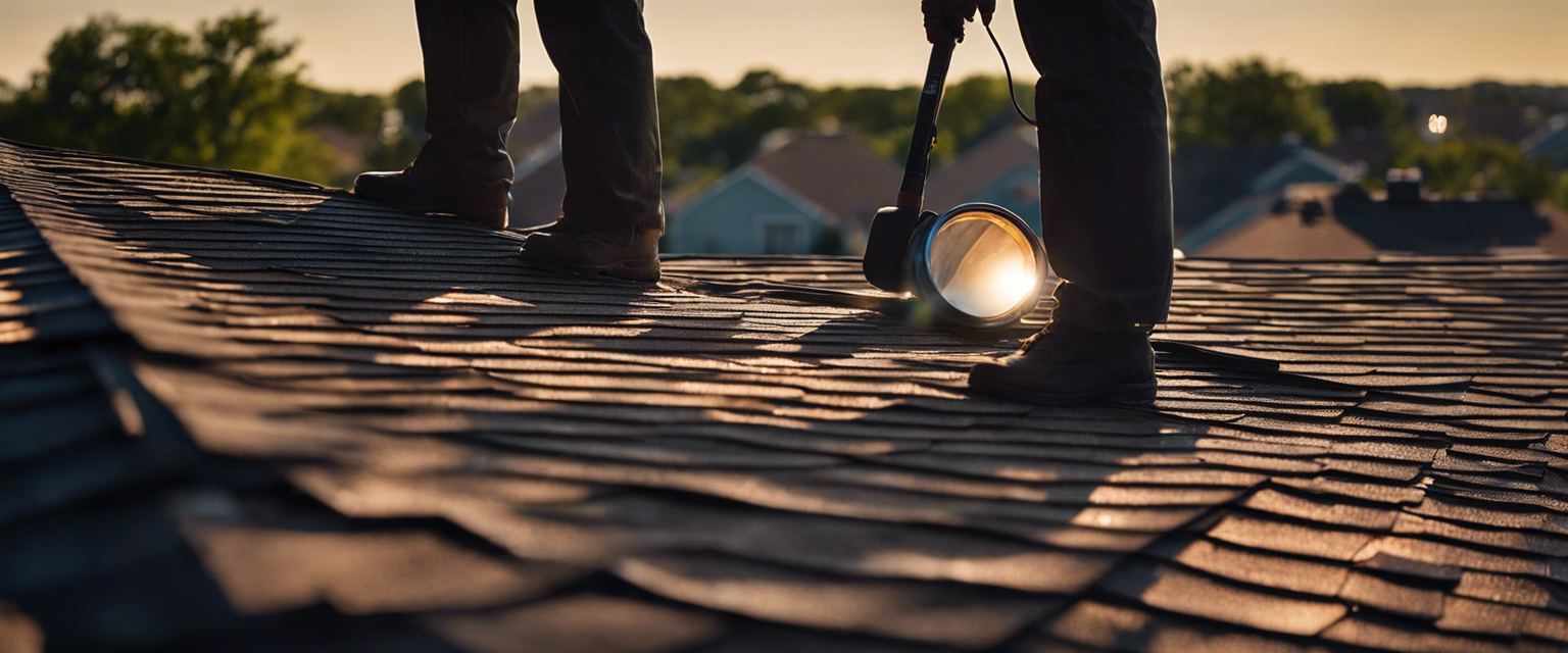 An image showcasing a skilled roofing inspector, equipped with a flashlight and magnifying glass, meticulously examining a shingle roof in the Tulsa area
