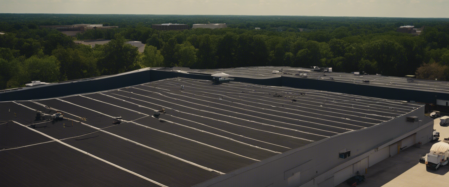  aerial view of a sprawling commercial property in Tulsa, with a professional roofing inspector meticulously examining every inch of the roof's surface, while noting down observations, ensuring its long-lasting protection